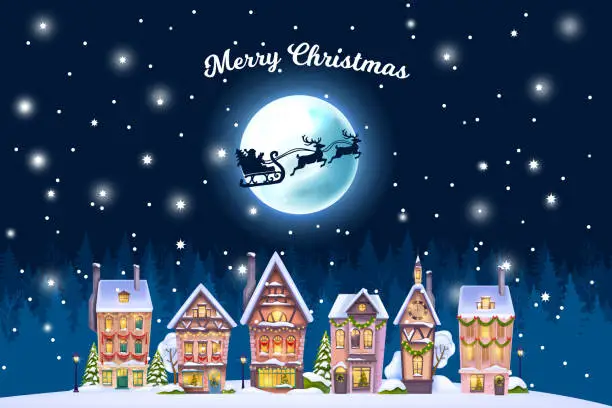 Vector illustration of Christmas winter house landscape, vector holiday x-mas town postcard, night village background, moon.