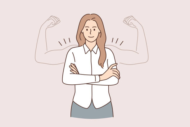 Super power of woman concept Super power of woman concept. Young smiling woman cartoon character standing with hands crossed and muscle strong biceps hands as shadow vector illustration powerful women stock illustrations