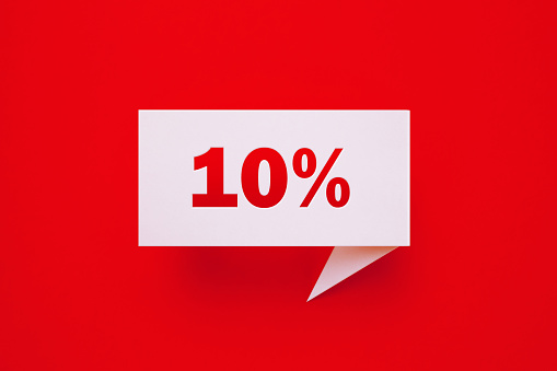 10 Percent Off written white chat bubble on red background. Horizontal composition with copy space. Sale concept.