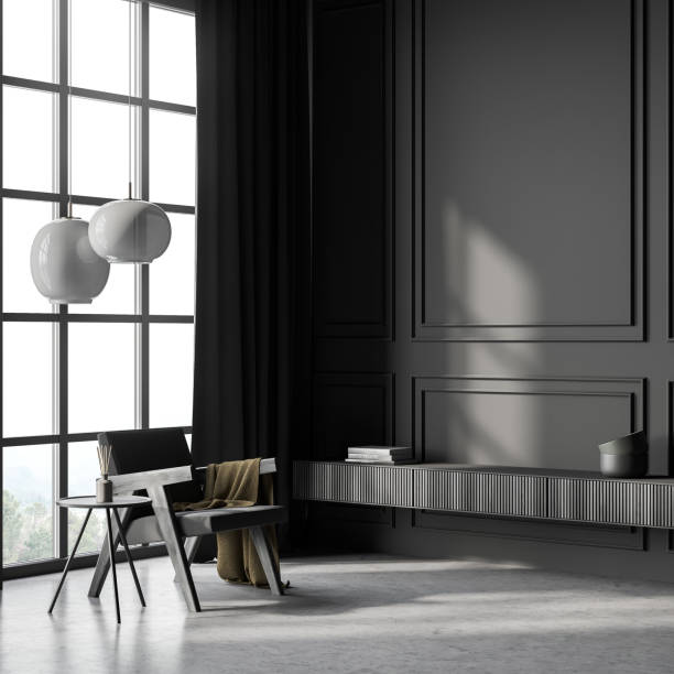 istock Dark living room interior with panoramic window, coffee table, armchair 1346206709