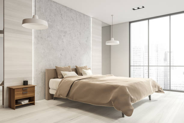 istock White wood bedroom with two pendants. Corner view. 1346207082