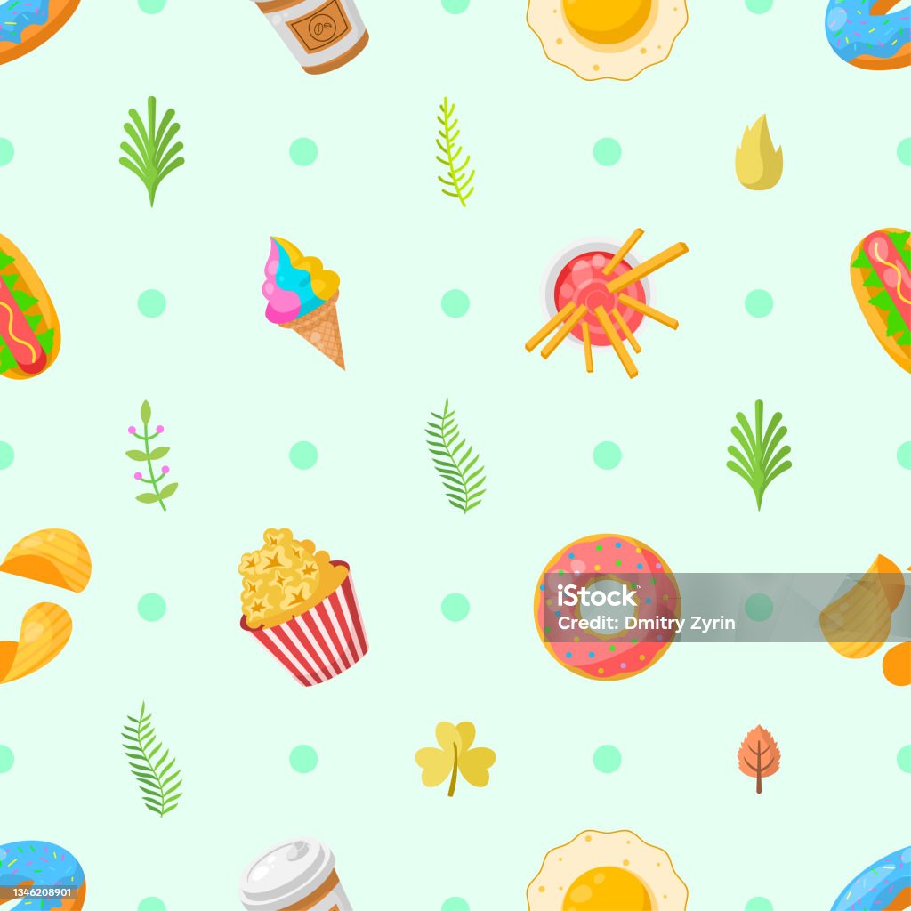 Abstract Pattern Food Background Seamless Pattern Abstract Elements Fast Food With Leaves Vector Design ...
