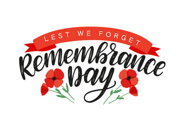 Remembrance day typography poster Remembrance day brush calligraphy decorated by red poppies. Lest we forget typography poster. Remembrance day vector concept as a template for cards, postcards, poster, banners. Vector illustration remembrance day background stock illustrations