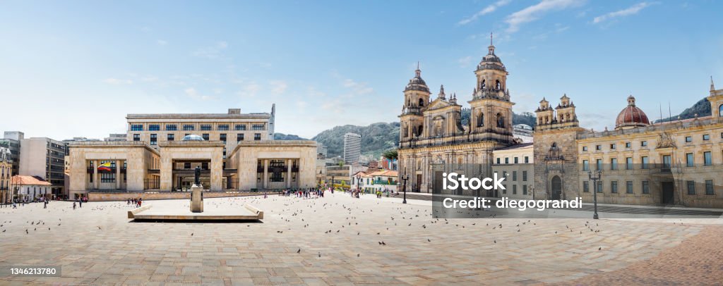 Panoramic view of Bolivar Square with the Cathedral and the Colombian Palace of Justice - Bogota, Colombia Bogota Stock Photo