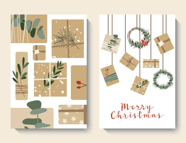 Christmas cards, invitation. Presents in kraft paper, wreaths. Rustic gift box. Eco decoration. Xmas and New 2022 Year celebration preparation. Vector flat cartoon style Christmas cards, invitation. Presents in kraft paper, wreaths. Rustic gift box. Eco decoration. Xmas and New 2022 Year celebration preparation. Vector flat cartoon style, isolated on white background homemade gift boxes stock illustrations