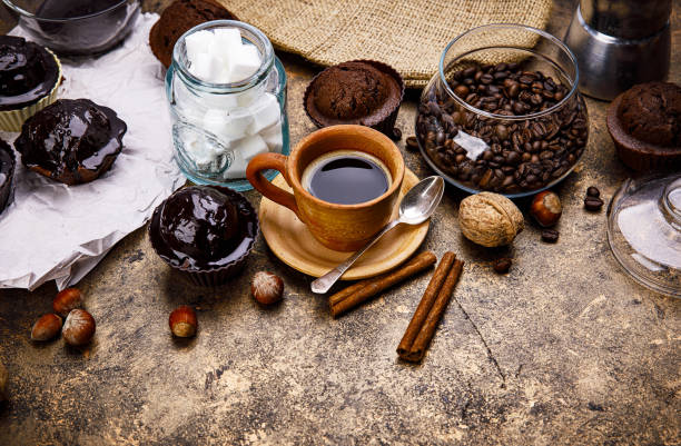 Crafting coffee in clay cup with bean