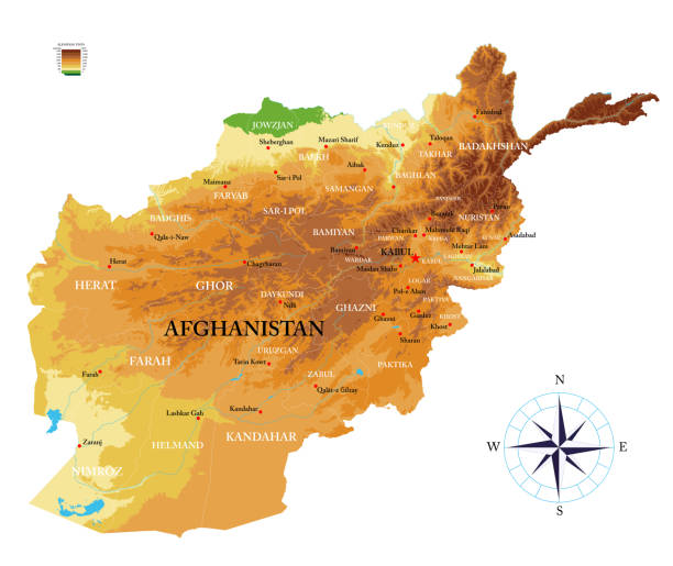 Afghanistan highly detailed physical map Highly detailed physical map of Afghanistan ,in vector format,with all the relief forms,regions and big cities. khost afghanistan stock illustrations