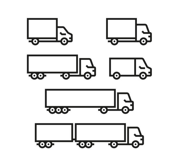 ilustraciones, imágenes clip art, dibujos animados e iconos de stock de iconos de camiones de reparto. conjunto de iconos de contorno con diferentes camiones. ilustración vectorial con trazos editables - moving van relocation motion physical activity