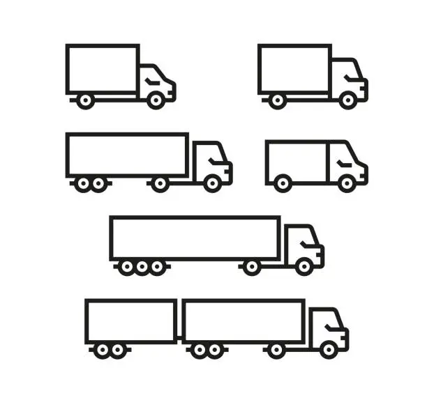 Vector illustration of Delivery truck icons. Set of outline icons with different trucks. Vector illustration with editable strokes