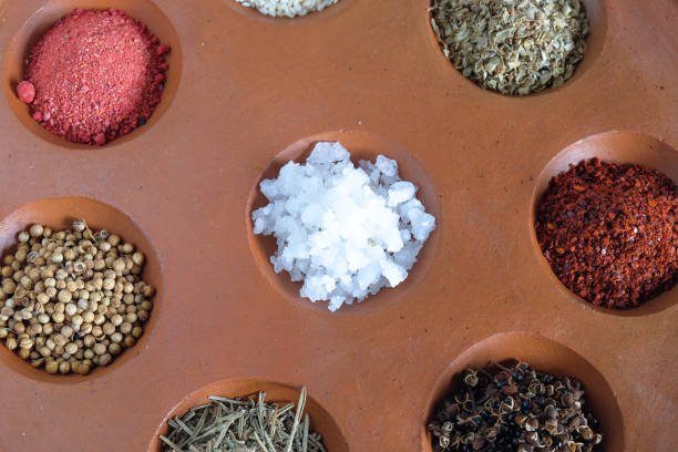 Different spices and herbs in clay pit tray for cooking Thai food on background.