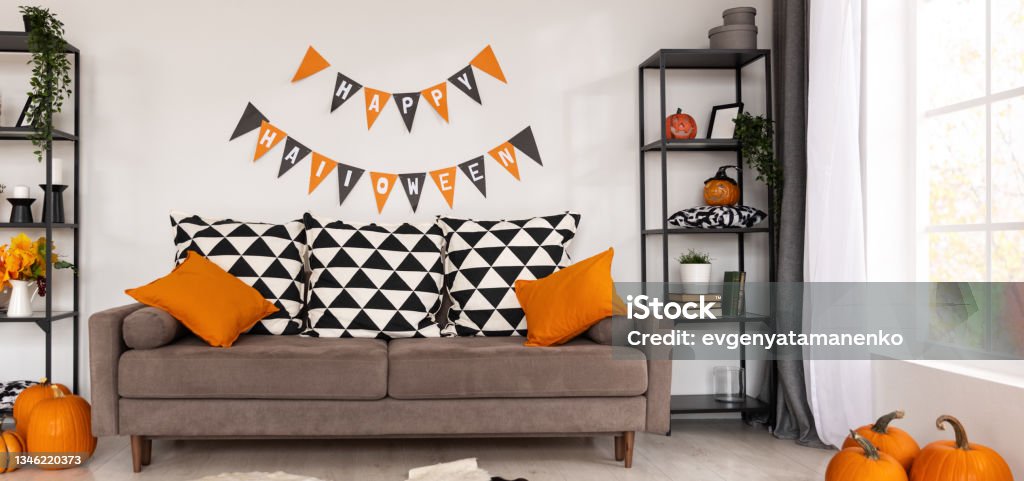 interior of house decorated for Halloween pumpkins interior of the house decorated for Halloween pumpkins, webs and spiders Atmospheric Mood Stock Photo