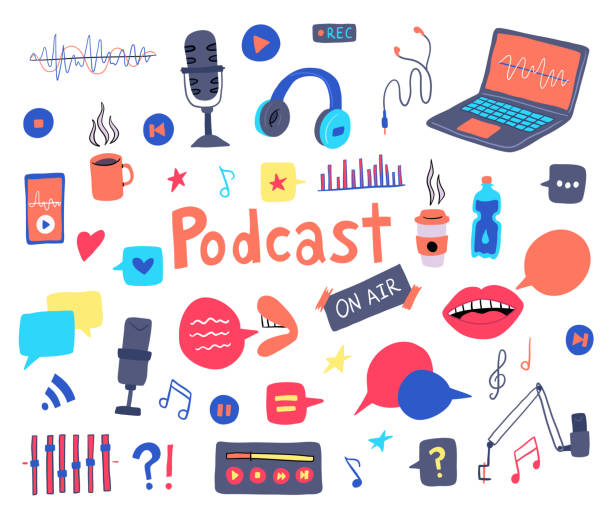 Cartoon Color Different Podcast Recording Icon Set. Vector Cartoon Color Different Podcast Recording Icon Set Concept Flat Design Style Include of Laptop and Microphone. Vector illustration of Streaming radio drawings stock illustrations