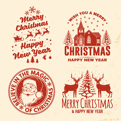 Set of Merry Christmas and Happy New Year stamp, sticker with elk, silhouette of Santa Claus face, Catholic Church, christmas tree, sleigh with deer. Vector. Vintage design for xmas, new year emblem