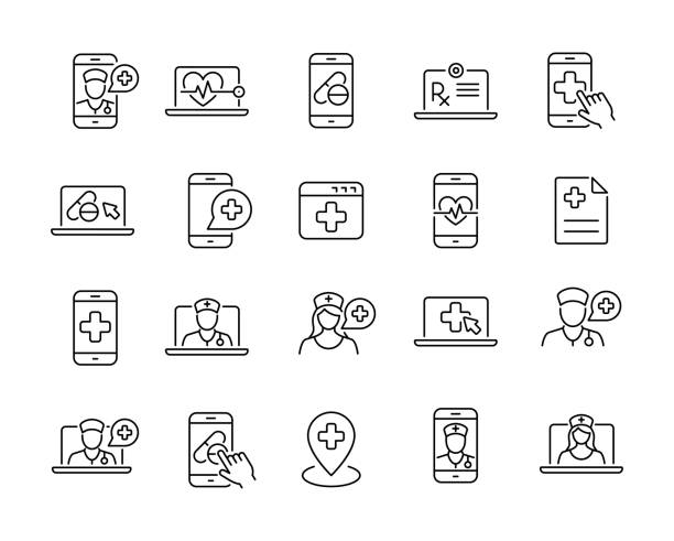 telemedizin und digital healthcare - line icons. bearbeitbarer kontur. vektor-stock-illustration - digitalanzeige stock-grafiken, -clipart, -cartoons und -symbole