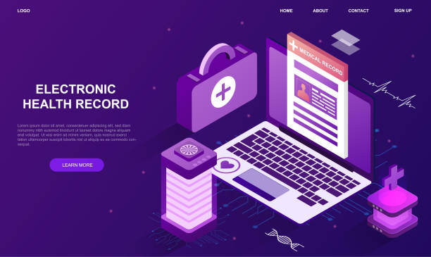 Electronic health record Electronic health record. Patients personal card, doctors analyze medical history. Internet diagnostics, determination of treatment methods. 3d vector illustration isolated on violet background cartoon of medical records stock illustrations