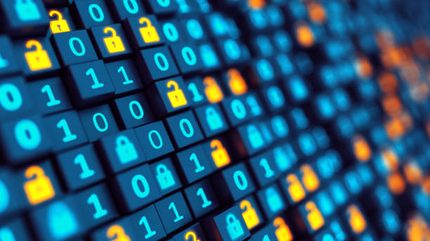 encryption your data. binary code and digital lock. hacker attack and data breach. big data with encrypted computer code. safe your data. cyber internet security and privacy concept. database storage 3d illustration - versleuteling stockfoto's en -beelden