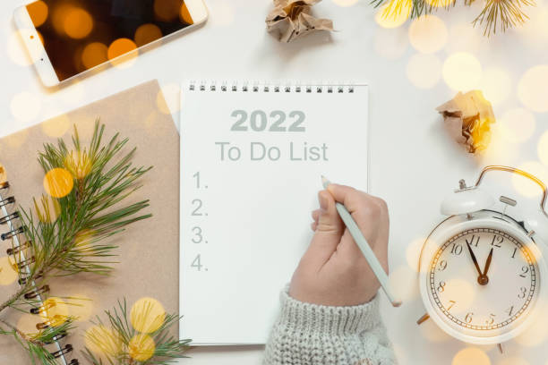 istock Back to life, To Do list concept. Woman's hand writing in empty notebook. Resolutions, plan, goals, checklist, idea concept. Top view, flat lay, copy space. 2022. Christmas, New Year 1346223559
