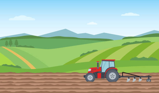 illustrazioni stock, clip art, cartoni animati e icone di tendenza di trattore che ara il campo su sfondo paesaggistico rurale. concetto di agricoltura. - aratro