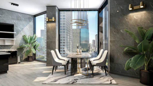 Black modern contemporary stylish kitchen room interior with luxury dining table and large window, 3d rendering