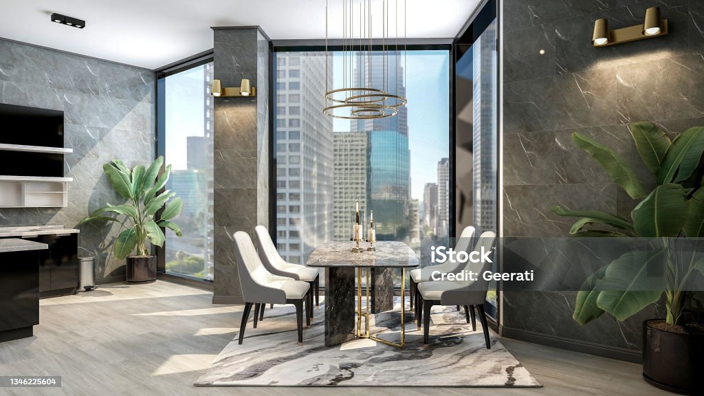 Black modern contemporary stylish kitchen room interior with luxury dining table and large window, 3d rendering Dining Table Stock Photo