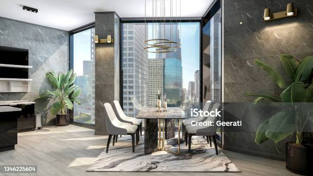 Black Modern Contemporary Stylish Kitchen Room Interior With Luxury Dining Table And Large Window 3d Rendering Stock Photo - Download Image Now