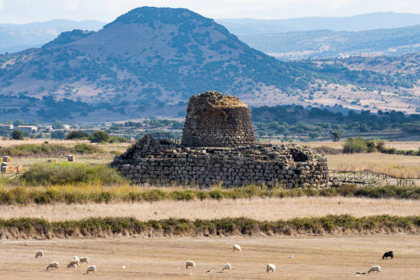 Stunning landscape with the ancient Santu Antine Nuraghe and some sheep grazing in the foreground. Santu Antine Nuraghe is one of the largest Nuraghi in Sardinia, Italy. stock photo