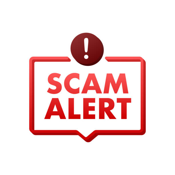 banner with red scam alert. attention sign. cyber security icon. caution warning sign sticker. flat warning symbol. vector stock illustration. - scam 幅插畫檔、美工圖案、卡通及圖標