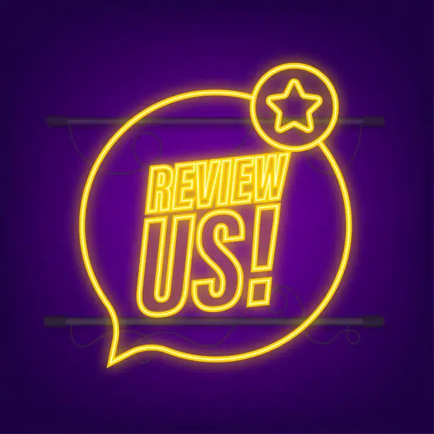 Vector illustration of Review us user rating concept. Review and rate us stars neon icon. Business concept. Vector illustration