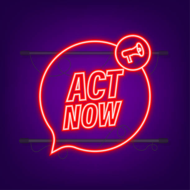 istock Megaphone label with act now. Neon icon. Megaphone banner. Web design. Vector stock illustration 1346227025