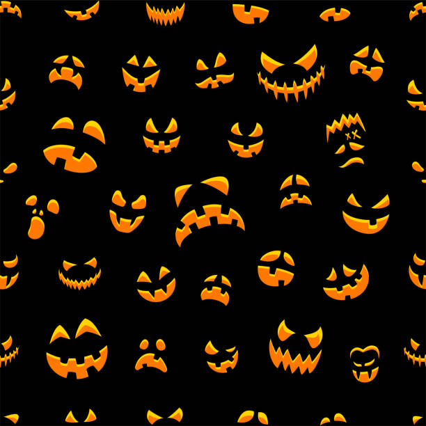 ilustrações de stock, clip art, desenhos animados e ícones de halloween faces seamless pattern. - pumpkin autumn pattern repetition