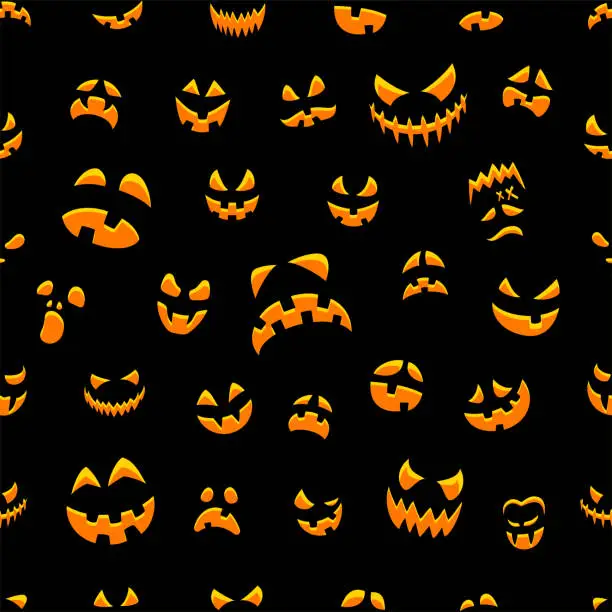 Vector illustration of Halloween Faces Seamless Pattern.
