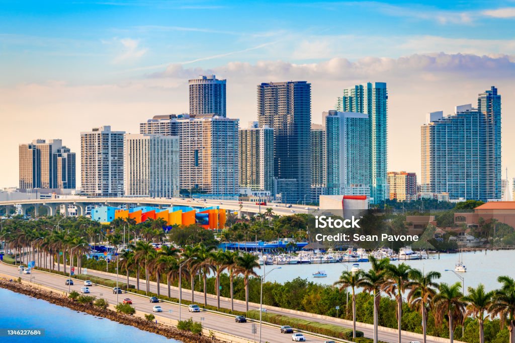 Miami, Florida, USA downtown skyline over MacAurther Causeway Miami, Florida, USA downtown skyline over MacAurther Causeway in the afternoon. Miami Stock Photo