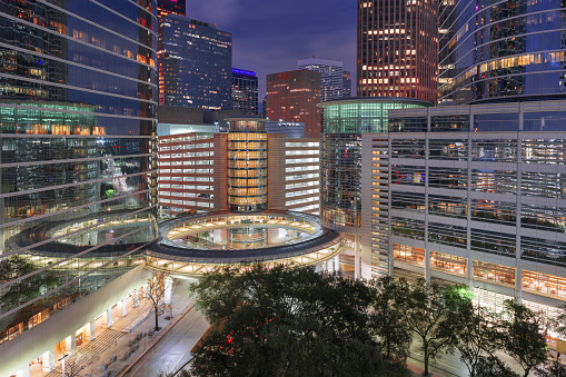 Houston, Texas, USA downtown cityscape at night in the financial district.