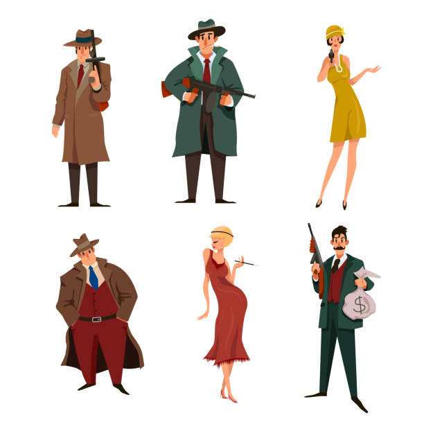 Mafia male and female cartoon characters set Mafia male and female cartoon characters set. Gansters in hats, killers, bodyguards with guns vector illustration on white background. Crime, risk, violence concept mob boss stock illustrations
