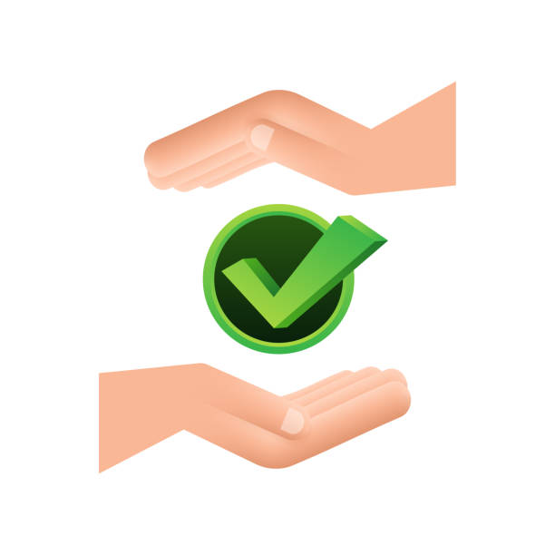 istock Check mark hanging over hands. Green approved star sticker on white background. Vector stock illustration. 1346229960