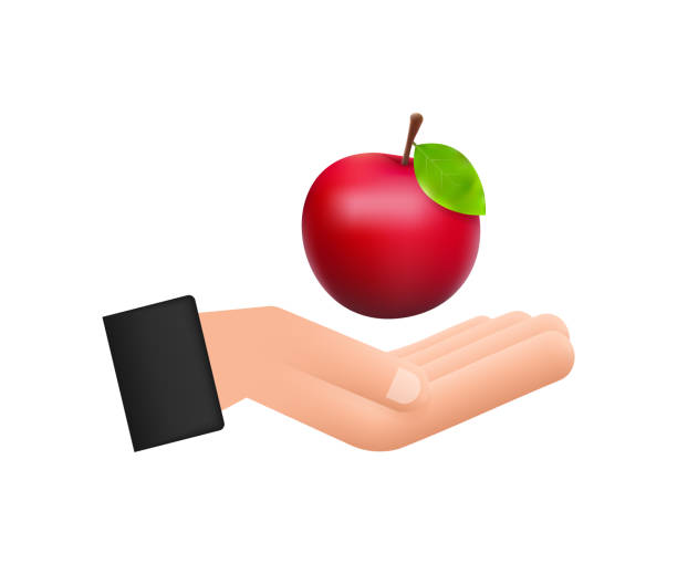 istock Vector stock illustration of detailed big shiny red apple hanging over hand. 1346229965