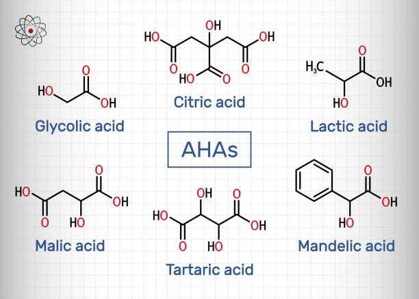 Alpha hydroxy acids, AHA. Glycolic C2H4O3, lactic C3H6O3, malic C4H6O5, tartaric C4H6O6, citric C6H8O7, mandelic acid C8H8O3 molecule. Sheet of paper in a cage Alpha hydroxy acids, AHA. Glycolic C2H4O3, lactic C3H6O3, malic C4H6O5, tartaric C4H6O6, citric C6H8O7, mandelic acid C8H8O3 molecule. Sheet of paper in a cage. Vector illustration citric acid stock illustrations