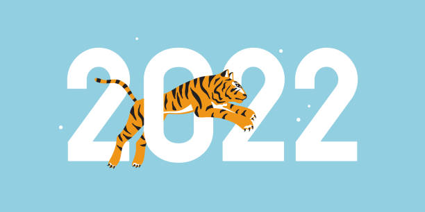 istock Happy new 2022 year vector illustration with tiger jumping over number zero 1346231058