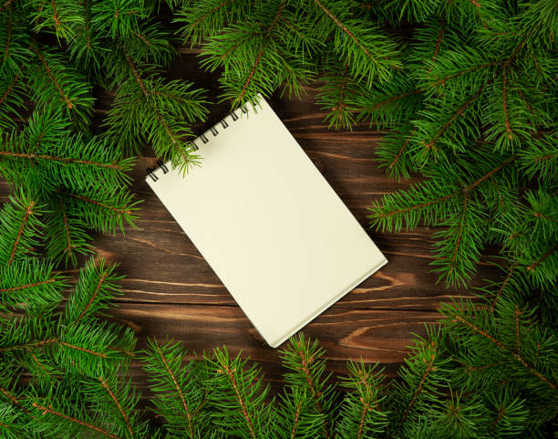 istock Frame made of fir branches on a wooden background and a notebook for notes. 1346231067