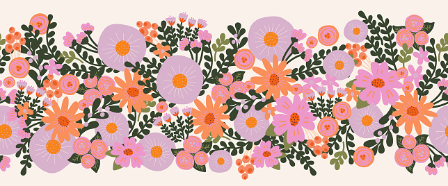 Seamless flower vector border hand drawn. Decorative repeating floral horizontal pattern design purple pink orange flowers. Beautiful floral banner for decor, ribbons, footer, fabric trim