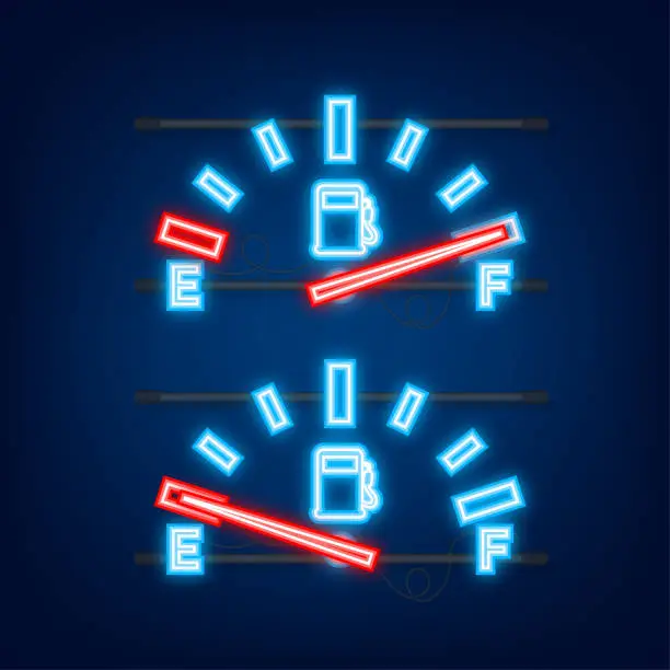 Vector illustration of Fuel indicator. Illustration on Black background for design ,Empty Energy. Neon icon. Vector illustration