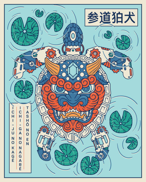 illustrations, cliparts, dessins animés et icônes de komainu masque de lion japonais et tortue - mythological character