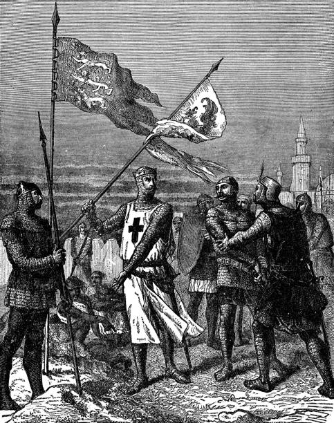 King Richard I and the Knights Templar Arrive on the Shores of Israel During the Third Crusade - 12th Century Richard I, King of England and the Knights Templar arrive on the shores of Israel during the Third Crusade (circa 12th century). Vintage etching mid 19th century. knights templar stock illustrations