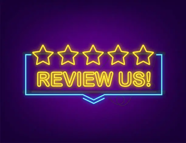 Vector illustration of Review us user rating concept. Review and rate us stars neon icon. Business concept. Vector illustration