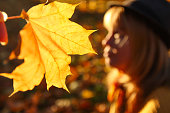 Closeup yellow maple leaf background. Blurred portrait of young Caucasian blonde woman in colorful autumn park . Happy fall dreaming concept. Sunny weather. Abstract backdrop