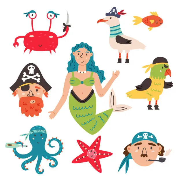 Vector illustration of Bundle Set Pirate character in cartoon hand drawn style