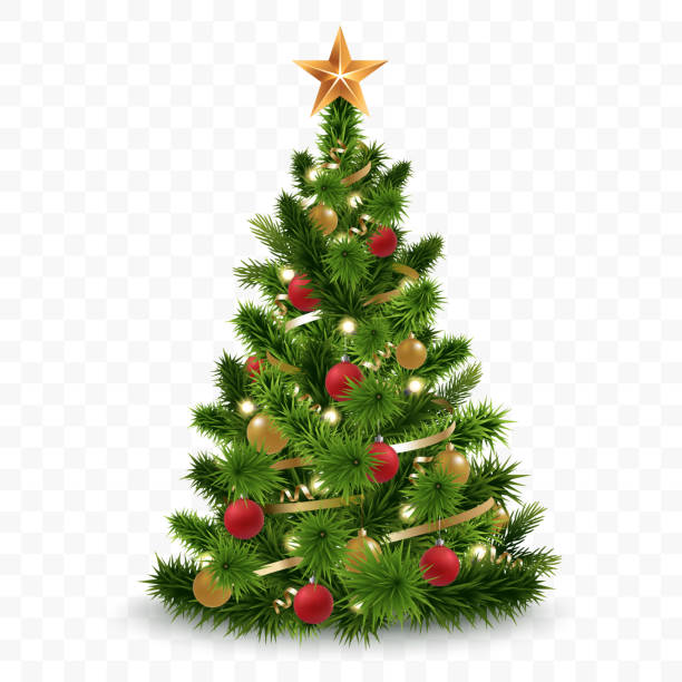 stockillustraties, clipart, cartoons en iconen met vector christmas tree isolated on transparent background. beautiful shining christmas tree with decorations - balls, garlands, bulbs, tinsel and a golden star at the top. realistic style. eps 10 - kerstboom