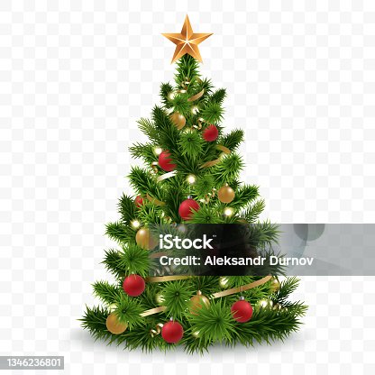 istock Vector christmas tree isolated on transparent background. Beautiful shining christmas tree with decorations - balls, garlands, bulbs, tinsel and a golden star at the top. Realistic style. Eps 10 1346236801