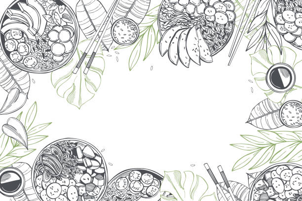 Poke bowls. Vector background. Hand drawn poke bowls with tropical leaves (traditional Hawaiian food). Vector background. hawaii restaurant stock illustrations