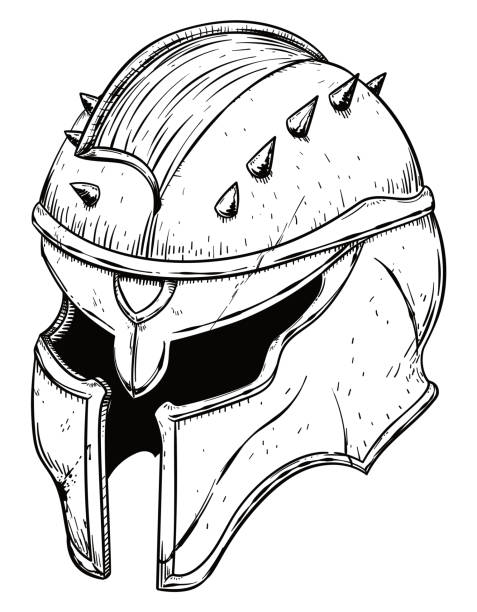 Drawing of an Ancient Helmet Decorated with Spikes Ancient warrior helmet with scratches due past battles, decorated with spikes. Illustration in hand drawn style. ironclad stock illustrations